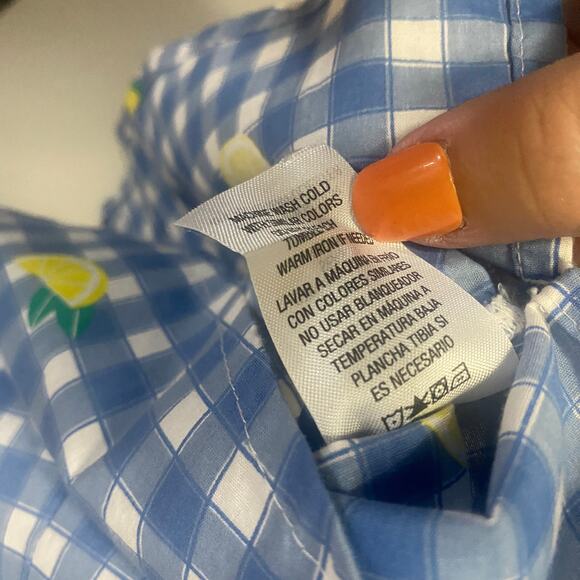 Laura Scott Blue White Gingham Button Down Blouse Lemon Print Sleeveless Sz M - Picture 8 of 9